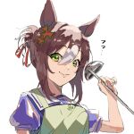  1girl animal_ears apron bangs brown_hair closed_mouth clover_hair_ornament fine_motion_(umamusume) green_apron green_eyes hair_between_eyes hair_bun hair_ornament hand_up highres holding holding_ladle horse_ears ladle lips looking_at_viewer makasero multicolored_hair puffy_short_sleeves puffy_sleeves purple_shirt sailor_collar shirt short_sleeves simple_background smile solo sound_effects two-tone_hair umamusume upper_body white_background 