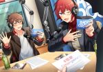  2boys blue_eyes blush bottle brown_eyes brown_hair ensemble_stars! highres jacket kindo looking_at_viewer male_focus microphone morisawa_chiaki multiple_boys open_mouth red_eyes ryuuseitai_(ensemble_stars!) shirt short_hair simple_background smile suou_tsukasa table violet_eyes white_background 