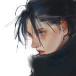  1girl apex_legends black_hair black_scarf expressionless from_side grey_eyes hair_behind_ear highres korean_commentary looking_down realistic scarf seong_u_1996 sketch solo white_background wraith_(apex_legends) 