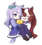  2girls :d ;) ^_^ animal_ears asymmetrical_gloves bangs blue_gloves blush bow brown_footwear brown_hair carrying chibi closed_eyes closed_mouth commentary_request ear_ribbon eyebrows_visible_through_hair gloves green_ribbon hair_between_eyes hair_bow highres hitomiz horse_ears horse_girl horse_tail jacket long_hair long_sleeves mejiro_mcqueen_(umamusume) mismatched_gloves multicolored_hair multiple_girls one_eye_closed pink_bow pleated_skirt ponytail princess_carry purple_legwear purple_shirt purple_skirt ribbon school_uniform shirt shoes simple_background skirt smile streaked_hair swept_bangs tail teeth thigh-highs tokai_teio_(umamusume) tracen_school_uniform trophy umamusume upper_teeth very_long_hair white_background white_gloves white_hair white_jacket 