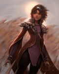  1girl bangs black_pants blurry blurry_background brown_eyes brown_hair commentary cowboy_shot dark-skinned_female dark_skin hair_ornament highres jacket jang_ju_hyeon league_of_legends long_sleeves open_clothes open_jacket pants parted_lips red_jacket short_hair sideways_glance solo taliyah teeth 