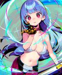  1girl bangs bikini blue_hair blunt_bangs blush chaps cropped_jacket cryokinesis eyebrows_visible_through_hair gloves kula_diamond long_hair looking_at_viewer onono_imoko open_mouth partially_undressed pink_eyes smile solo standing swimsuit the_king_of_fighters white_bikini zipper 
