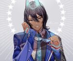  1boy arjuna_(fate) arjuna_alter_(fate) arjuna_alter_(student_council_president)_(fate) artist_name bangs black_eyes black_hair blue_jacket blue_necktie closed_mouth collared_shirt dark-skinned_male dark_skin fate/grand_order fate_(series) formal glasses glowing_horns hair_between_eyes hand_on_own_cheek hand_on_own_face hand_up holding holding_eyewear horns jacket long_sleeves looking_at_viewer male_focus necktie official_alternate_costume sakuramochi1003 shirt short_hair sleeves_past_wrists smile solo star_(symbol) teeth upper_body white_shirt 