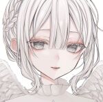  1girl angel_wings bangs braid crown_braid eyebrows_behind_hair eyelashes face feathered_wings frilled_shirt_collar frills grey_eyes hair_between_eyes highres kanda_(kanda_0119) looking_at_viewer medium_hair original parted_lips portrait shirt smile solo white_hair white_shirt white_theme white_wings wings 