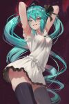  1girl ahoge armpits arms_behind_head arms_up bangs black_legwear black_ribbon blue_eyes blue_hair breasts commentary_request cowboy_shot dancing dress eyebrows_visible_through_hair eyes_visible_through_hair grin hair_between_eyes hair_ribbon hatsune_miku highres long_hair looking_at_viewer me!me!me! me!me!me!_dance_(meme) medium_breasts meme revision ribbon sleeveless sleeveless_dress smile solo standing supreme_(module) thigh-highs torriet twintails very_long_hair vocaloid white_dress world_is_mine_(vocaloid) 