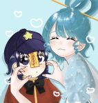  2girls :&lt; :t bangs black_bow black_bowtie blue_background blush bow bowtie cabbie_hat closed_eyes drill_locks eyebrows_behind_hair floral_print hair_ornament hair_rings hair_stick hat hat_ornament kaku_seiga light_smile looking_at_another miyako_yoshika multiple_girls polimy2580 pout puffy_short_sleeves puffy_sleeves purple_hair purple_headwear red_shirt shirt short_hair short_sleeves simple_background star_(symbol) star_hat_ornament touhou upper_body violet_eyes 