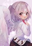  1girl :d angel_wings blurry blush bokeh bow bowtie braid breasts cowboy_shot depth_of_field eyebrows_visible_through_hair feathered_wings french_braid from_side grey_background hair_bow hand_up happy highres jacket kishin_sagume long_sleeves looking_at_viewer medium_breasts moni_monico open_mouth pink_eyes red_bow red_bowtie short_hair silver_hair simple_background single_wing smile solo touhou white_jacket wings 