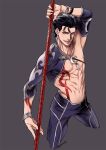  1boy abs biceps blue_hair bodypaint bracelet chest_strap collarbone crescent_necklace cu_chulainn_(fate) cu_chulainn_(fate/stay_night) detached_sleeves earrings fang fate/grand_order fate/stay_night fate_(series) gae_bolg_(fate) grey_background grin holding holding_polearm holding_weapon jewelry long_hair looking_at_viewer male_focus multiple_bracelets muscular muscular_male nipples pants pectorals polearm red_eyes signature simple_background skin_tight smile solo spiky_hair weapon yococco 