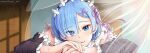  1girl black_sleeves blue_eyes blue_hair closed_mouth curtains detached_sleeves eyes_visible_through_hair hair_ornament hair_over_one_eye hair_ribbon highres indoors leaning_forward long_sleeves looking_at_viewer pink_ribbon portrait re:zero_kara_hajimeru_isekai_seikatsu rem_(re:zero) ribbon ribbon-trimmed_sleeves ribbon_trim roswaal_mansion_maid_uniform shiny shiny_hair short_hair shutdownee smile solo twitter_username watermark x_hair_ornament 