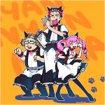  1girl 2boys akiha_rumiho alternate_costume animal_ears black_hair black_legwear brown_hair cat_ears commentary_request drill_hair enmaided hashida_itaru highres long_hair maid maid_headdress multiple_boys okabe_rintarou pantyhose pink_eyes pink_hair ribbon short_hair sibarue steins;gate twin_drills twintails yellow_background 