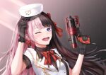  1girl absurdres apex_legends b3_wingman black_gloves black_sweater blue_eyes blush bow bow_earrings breasts brown_hair dynr-cloly earrings gloves gun hair_bow handgun highres holding holding_gun holding_weapon iris_black_games jacket jewelry multicolored_hair one_eye_closed pink_hair red_bow revolver small_breasts solo sweater tachibana_hinano_(vtuber) two-tone_hair virtual_youtuber vspo! weapon white_jacket 