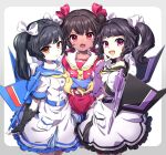  3girls :o aoi_rena arm_cannon black_gloves black_hair bow brown_eyes dark-skinned_female dark_skin dress fang fingerless_gloves genderswap genderswap_(mtf) gloves hair_bow highres looking_at_viewer mecha_musume multiple_girls open_mouth personification red_bow red_dress red_eyes sailor_collar skywarp smile starscream thundercracker transformers twintails violet_eyes weapon white_bow white_dress wings 