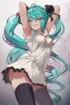  1girl ahoge armpits arms_behind_head arms_up bangs black_legwear black_ribbon blue_eyes blue_hair breasts commentary_request cowboy_shot dancing dress eyebrows_visible_through_hair eyes_visible_through_hair grin hair_between_eyes hair_ribbon hatsune_miku highres long_hair looking_at_viewer me!me!me! me!me!me!_dance_(meme) medium_breasts meme revision ribbon sleeveless sleeveless_dress smile solo standing supreme_(module) thigh-highs torriet twintails very_long_hair vocaloid white_dress world_is_mine_(vocaloid) 