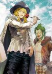  2boys bartolomeo blonde_hair cavendish coat coat_on_shoulders flower frills green_hair hat holding holding_flower male_focus multiple_boys one_piece open_clothes open_shirt outdoors rose smile yashi_vv 