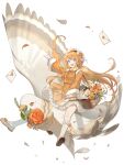  1girl bird blue_eyes crisp-skinned_squab_(food_fantasy) dress envelope flower flying food_fantasy full_body hand_up hat heart highres looking_at_viewer love_letter official_art orange_hair pale_skin second-party_source twintails 