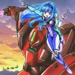  1girl artist_name bangs blue_hair blue_hairband breasts choir_demonic clenched_hand clip_studio_paint_(medium) clouds commission energy_sword eyebrows_visible_through_hair hairband holding holding_sword holding_weapon long_hair looking_at_viewer mecha medium_breasts musica_fareden pilot_suit real_robot_battle_line skeb_commission smile sunset super_robot_wars sword v-shaped_eyebrows violet_eyes visor weapon yuzupapa 