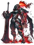  1girl arm_armor armor black_feathers blood blood_on_clothes breastplate breasts dairoku_ryouhei feathers fire full_armor full_body gauntlets helm helmet hetza_(hellshock) holding holding_weapon large_breasts leg_armor oversized_object plume red_fire red_theme shoulder_armor solo sword transparent_background weapon 