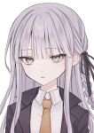  1girl bangs black_jacket black_ribbon blazer blunt_bangs braid collared_shirt danganronpa:_trigger_happy_havoc danganronpa_(series) expressionless eyebrows_visible_through_hair eyelashes face hair_ribbon highres jacket kanda_(kanda_0119) kirigiri_kyouko light_particles long_hair looking_at_viewer necktie parted_lips portrait red_necktie ribbon shirt side_braid simple_background solo white_background white_shirt 