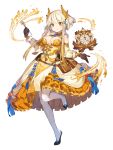  1girl blonde_hair breasts clock dress food_fantasy full_body ginger_milk_pudding_(food_fantasy) hair_ornament hairclip highres horns large_breasts official_art orange_eyes pale_skin second-party_source shoes white_legwear 