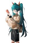  1girl absurdres aqua_eyes aqua_hair can hatsune_miku highres holding holding_can long_hair long_sleeves nianjin6 skirt solo sweater twintails vocaloid white_background 