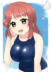  1girl absurdres blue_sky blue_swimsuit braid braided_bun breasts clouds cloudy_sky cowboy_shot eyebrows_visible_through_hair hair_between_eyes hair_ornament hairpin highres kooei large_breasts looking_at_viewer love_live! love_live!_nijigasaki_high_school_idol_club medium_hair orange_hair school_swimsuit side_bun sky swimsuit uehara_ayumu yellow_eyes 