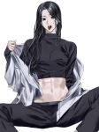  1boy abs black_eyes black_hair black_pants black_shirt blood blood_on_face chokeke_005 feet_out_of_frame highres hunter_x_hunter illumi_zoldyck invisible_chair jacket long_hair long_sleeves looking_at_viewer midriff nail navel open_mouth pants piercing round_teeth shirt simple_background sitting sleeves_past_wrists solo spread_legs straight_hair teeth toned toned_male tongue tongue_out tongue_piercing turtleneck undressing white_background white_jacket 