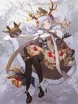  1girl antlers blush boots box cape christmas dress food_fantasy full_body gift gift_box gloves highres looking_at_viewer official_art orange_eyes pale_skin reindeer_antlers silver_hair snow star_(symbol) stollen_bread_(food_fantasy) tang_san_jiao 