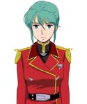  1girl belt blue_hair breasts closed_mouth expressionless gundam kei-co looking_at_viewer lowres military military_uniform quess_paraya simple_background solo uniform white_background 