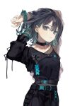  1girl animal_collar arms_up bangs belt black_hair blue_hair closed_mouth collar cuffs earrings gradient_hair handcuffs highres jewelry multicolored_hair original see-through_sleeves short_hair simple_background solo tokiwata_soul white_background 