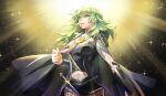  1girl :d armor bangs belt black_armor black_background black_belt black_coat black_shirt black_shorts breasts brown_legwear byleth_(fire_emblem) byleth_eisner_(female) clothing_cutout coat commentary_request cowboy_shot dagger enlightened_byleth_(female) eyebrows_visible_through_hair fire_emblem fire_emblem:_three_houses green_eyes green_hair hair_between_eyes highres knife large_breasts light_particles light_rays looking_up medium_hair navel navel_cutout pantyhose partial_commentary patterned_clothing sheath sheathed shinonome_riko shirt short_shorts shorts sidelocks smile solo sparkle standing tassel twitter_username vambraces weapon 