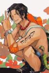  1boy ;) backpack bag bead_necklace beads black_hair freckles grin hat hat_removed headwear_removed jewelry male_focus necklace one_eye_closed one_piece plant portgas_d._ace smile solo tattoo topless_male v yashi_vv 