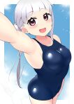  1girl arashi_chisato blue_sky blue_swimsuit blush breasts clouds cloudy_sky collarbone cowboy_shot double_bun eyebrows_visible_through_hair hair_between_eyes hand_up highres kooei long_hair looking_at_viewer love_live! love_live!_superstar!! open_mouth red_eyes school_swimsuit sky small_breasts solo swimsuit white_hair 