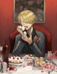  1boy blonde_hair blue_eyes cake eating facial_hair flower food hair_over_one_eye indoors looking_at_viewer male_focus one_piece pastry rose sanji solo table yashi_vv 