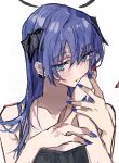  2girls arknights black_tank_top blue_eyes blue_hair collarbone dark_halo demon_horns earclip exusiai_(arknights) eyebrows_visible_through_hair hair_between_eyes hand_grab hand_on_another&#039;s_cheek hand_on_another&#039;s_face highres horns long_hair looking_at_viewer mostima_(arknights) multiple_girls na_tarapisu153 pov pov_hands red_nails shadow simple_background solo_focus tank_top white_background yuri 