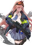  1girl assault_rifle bangs black_legwear blue_jacket blue_skirt breasts brown_gloves closed_mouth earrings eyebrows_visible_through_hair eyewear_on_head feet_out_of_frame girls_frontline gloves gun hair_ornament hairclip heart heart_earrings highres holding holding_gun holding_weapon jacket jewelry large_breasts lips long_hair looking_away mole mole_under_eye neck_tattoo open_clothes open_jacket pink_hair police police_uniform policewoman rifle safety_glasses serious shirt sig_mcx_(girls&#039;_frontline) sig_sauer_mcx simple_background skirt smoke solo standing tattoo thigh-highs uniform vermilli000n violet_eyes walkie-talkie weapon white_background white_shirt 