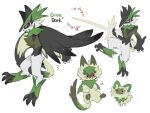  1boy :3 black_fur body_fur bright_pupils brown_fur claws closed_mouth commentary_request english_text evolutionary_line fakemon fang fang_out fangs fangs_out full_body fur_collar furry furry_male gen_9_pokemon green_fur happy highres holding_tail jpeg_artifacts leaf leaf_on_head looking_at_viewer multiple_views pawpads pokemon pokemon_(creature) profile red_eyes rx_chuang simple_background sketch smile sprigatito standing tail unofficial white_background white_fur white_pupils 