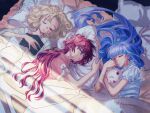  1other 3girls bed blanket blonde_hair blue_hair blush_stickers book closed_eyes dappled_sunlight highres hououji_fuu karen_le_cao long_hair magic_knight_rayearth mokona multiple_girls nightgown object_hug pajamas pillow pillow_hug redhead ryuuzaki_umi shidou_hikaru sleeping sunlight twitter_username 