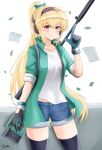  1girl artist_name blonde_hair bolt_action bow ear_protection eyebrows_visible_through_hair gamryous girls_frontline gloves green_hairband gun hair_bow hairband highres jacket long_hair looking_at_viewer material_sniper ponytail red_eyes rifle scope shorts sleeves_rolled_up smile sniper_rifle solo sv-98 sv-98_(girls&#039;_frontline) thigh-highs weapon 