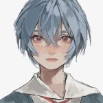  1girl ayanami_rei blue_hair blush closed_mouth commentary_request face highres neon_genesis_evangelion pink_eyes portrait sailor_collar short_hair simple_background solo white_background white_sailor_collar yudoufu_(yudouhu_1212) 
