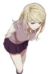  1girl absurdres akamatsu_kaede arms_behind_back black_skirt blonde_hair closed_mouth commentary_request danganronpa_(series) feet_out_of_frame hair_ornament hairclip highres leaning_forward long_hair long_sleeves looking_at_viewer necktie pink_sweater_vest pleated_skirt raimone26 red_necktie school_uniform shirt simple_background skirt smile solo sweater_vest violet_eyes white_background white_shirt 