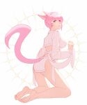  1girl animal_ears avatar_(ff14) bare_legs barefoot blue_eyes breasts cat_ears cat_girl cat_tail closed_mouth commentary facial_mark final_fantasy final_fantasy_xiv heterochromia highres large_breasts long_sleeves looking_at_viewer lyra-kotto miqo&#039;te pink_eyes pink_hair ribbed_sweater short_hair simple_background smile soles solo sweater tail toes whisker_markings white_background white_sweater 