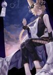  1boy absurdres animal_ears axescr blonde_hair brown_eyes clouds cloudy_sky flower fox_boy fox_ears fox_tail granblue_fantasy hair_flower hair_ornament highres kou_(granblue_fantasy) looking_at_viewer looking_down male_focus moon night night_sky pale_skin sky star_(sky) starry_sky tail 