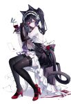  1girl ;) alcohol animal_ears artist_name bangs bare_shoulders black_dress black_gloves black_hair black_hairband blood bug butterfly cat_ears cat_tail commentary cup dress drinking_glass elbow_gloves eyebrows_visible_through_hair flower full_body garter_straps gloves hairband high_heels highres holding holding_cup long_hair one_eye_closed original petticoat red_eyes red_flower red_footwear red_rose revision rose sheya short_dress signature simple_background sitting smile solo tail thigh-highs thighs twintails white_background wine wine_glass zettai_ryouiki 
