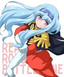  1girl bioroid_hei black_cape blue_hair blue_hairband cape char_aznable char_aznable_(cosplay) copyright_name cosplay eyebrows_visible_through_hair floating_hair gloves gundam hairband jacket leaning_back long_hair looking_at_viewer mobile_suit_gundam musica_fareden pants real_robot_battle_line red_jacket red_pants smile solo violet_eyes white_background white_gloves 