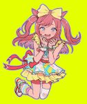  1girl agnes_digital_(umamusume) animal_ears belt blue_eyes blush bow discowars full_body hair_bow horse_ears horse_girl horse_tail jumping looking_at_viewer midriff open_mouth pink_hair simple_background solo tail umamusume yellow_background 