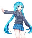  1girl :d absurdres bangs blue_eyes blue_hair blue_skirt collarbone cowboy_shot eyebrows_visible_through_hair floating_hair grey_sweater hatsune_miku highres hood hood_down hooded_sweater ille_(xcpa7325) long_hair long_sleeves miniskirt open_mouth outstretched_arm pleated_skirt shiny shiny_hair simple_background skirt smile solo standing sweater twintails v very_long_hair vocaloid white_background 