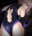  1girl all_fours ass back_cutout bangs bare_shoulders breasts clothing_cutout elbow_gloves fate/grand_order fate_(series) gloves hair_over_one_eye leotard looking_back mash_kyrielight medium_breasts pink_hair short_hair skin_tight sleeveless solo thigh-highs thigh_strap violet_eyes yadokari_genpachirou 