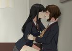  2girls absurdres after_kiss against_wall black_hair blue_eyes blush brown_eyes brown_hair commentary_request eye_contact eyebrows_visible_through_hair half-closed_eyes hand_under_clothes highres indoors kabedon long_hair looking_at_another multiple_girls original ryuusa saliva saliva_trail school_uniform short_hair squinting tongue yuri 