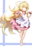  1girl absurdres bakemonogatari bare_shoulders barefoot blonde_hair blush_stickers doughnut dress food highres long_hair looking_at_viewer m.tokotsu monogatari_(series) oshino_shinobu pointy_ears solo standing very_long_hair white_dress yellow_eyes 