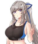  1girl bangs bare_shoulders blue_eyes blue_ribbon breasts collarbone counter:side eyebrows_visible_through_hair eyelashes grey_hair hair_ribbon hand_up highres korean_commentary large_breasts long_hair looking_away navel open_mouth ponytail ribbon rinsutachio seo_yoon sidelocks simple_background solo sports_bra sweat upper_body v violet_eyes white_background 